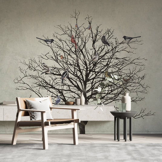 Winter Birds Tree Walllpaper Mural - Enhance Your Space-GraffitiWallArt