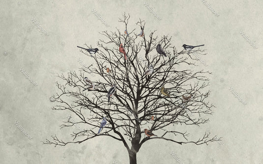 Winter Birds Tree Walllpaper Mural - Enhance Your Space-GraffitiWallArt